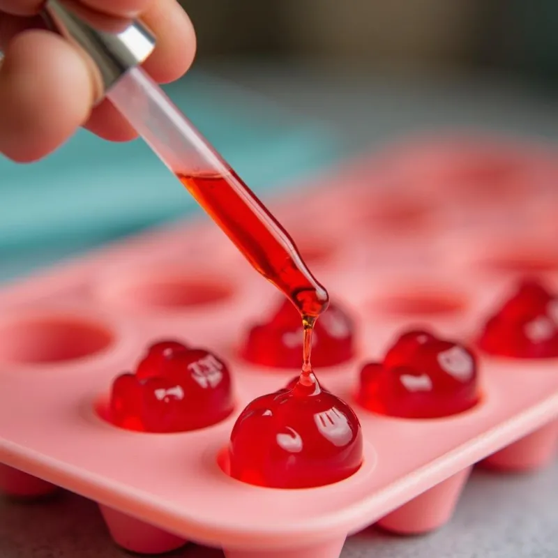 Pouring the gummy mixture into molds using a dropper