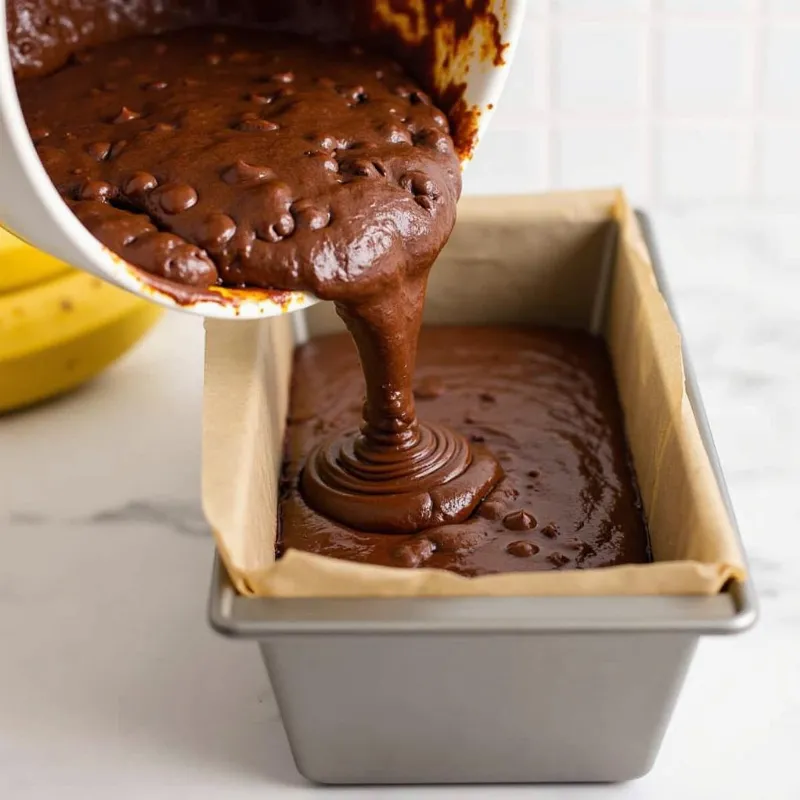 Pouring Vegan Banana Bread Chocolate Batter