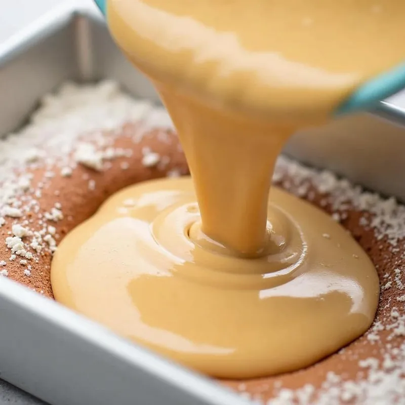 Pouring vegan banana cake batter into a pan.