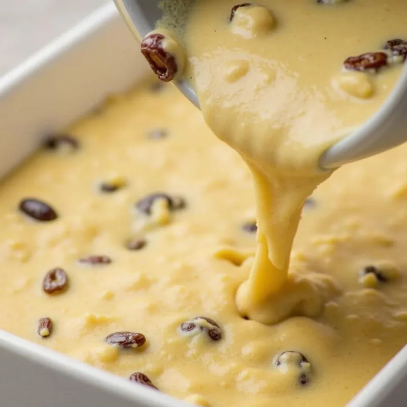 Pouring bread pudding mixture into a baking dish