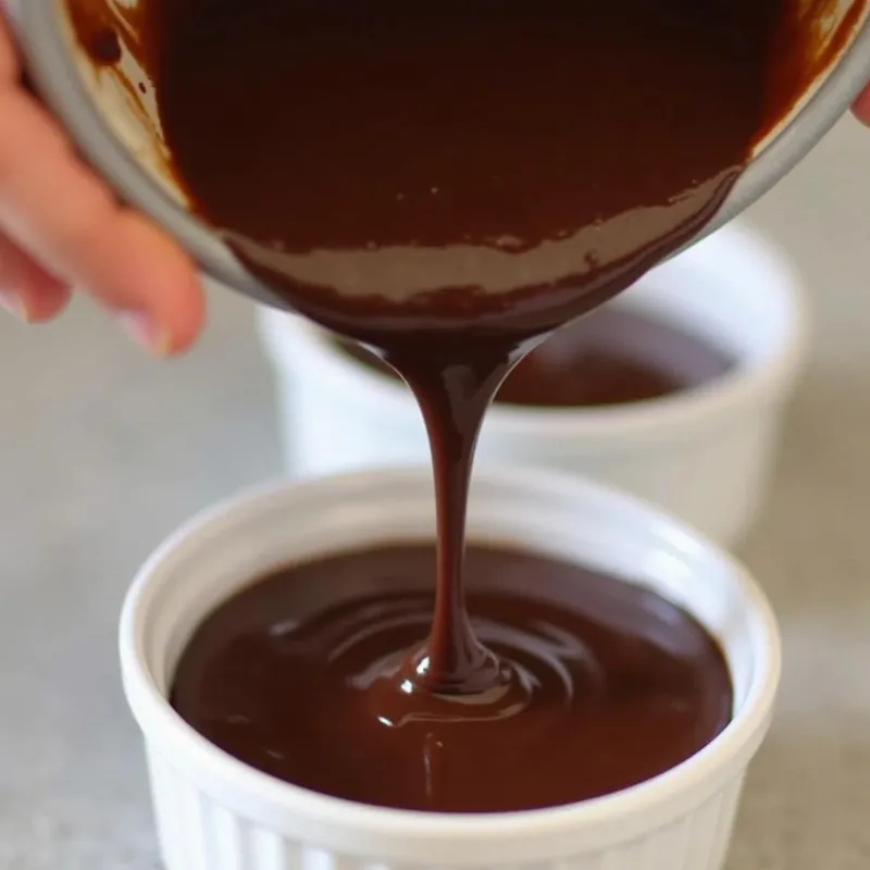 Pouring vegan chocolate lava cake batter into ramekins