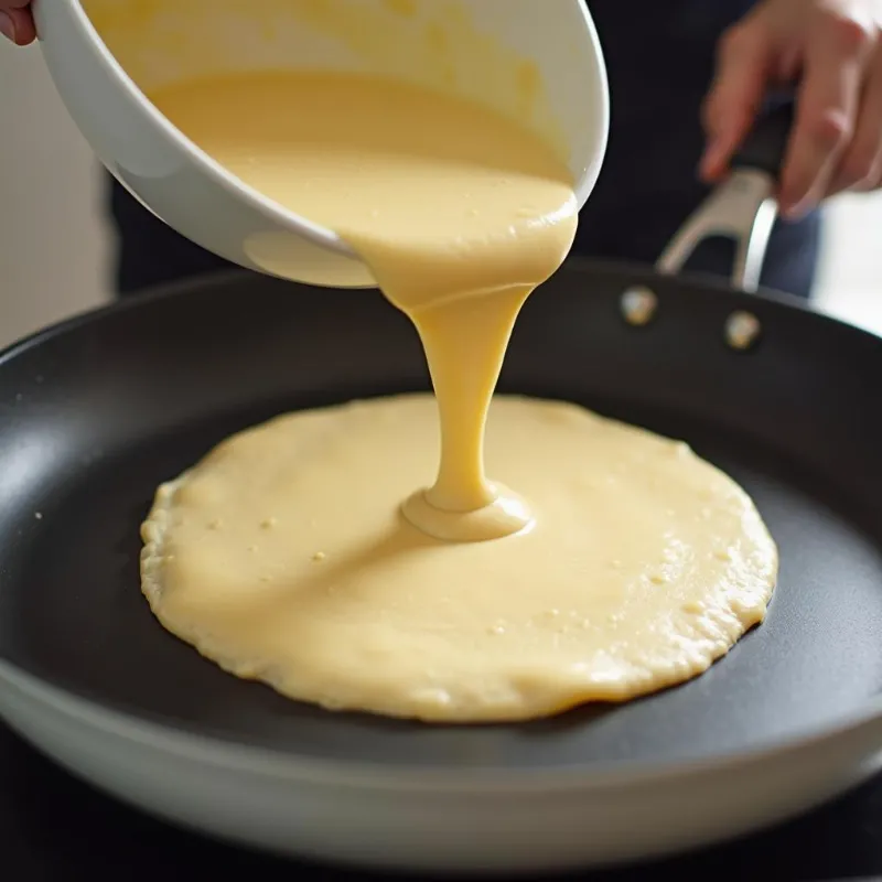 Pouring vegan crepe batter onto a hot pan