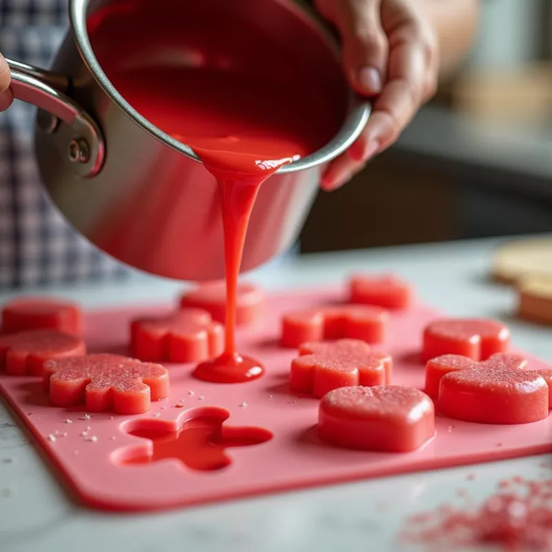 Pouring vibrant vegan jelly mixture into candy molds.