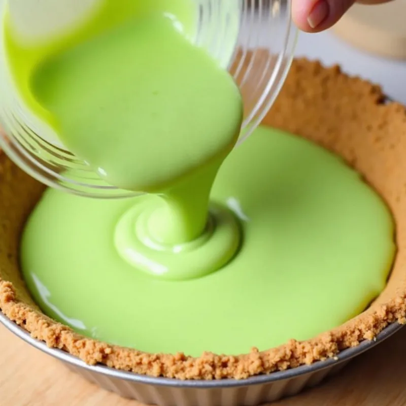 Pouring vegan key lime filling into a graham cracker crust