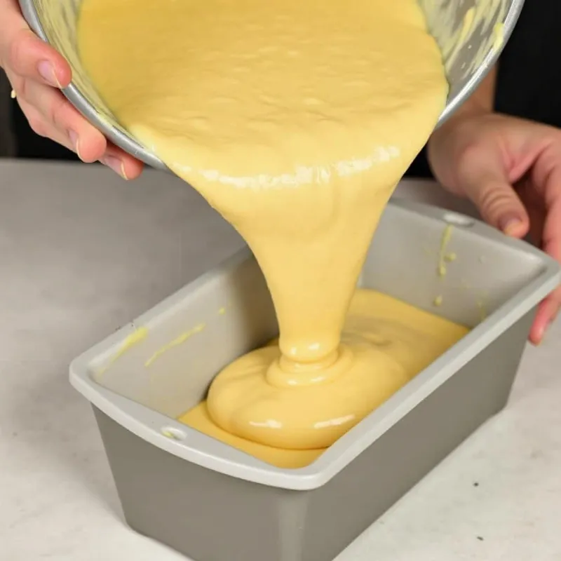 Pouring batter into a loaf pan to make vegan pound cake