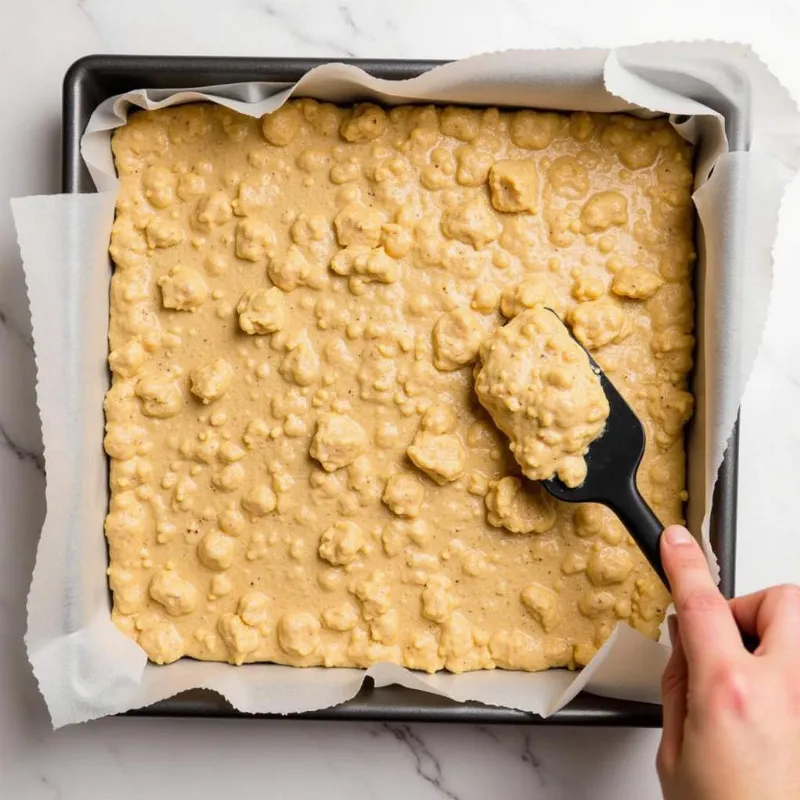 Pressing Mixture into Pan for Vegan Peanut Butter Bars