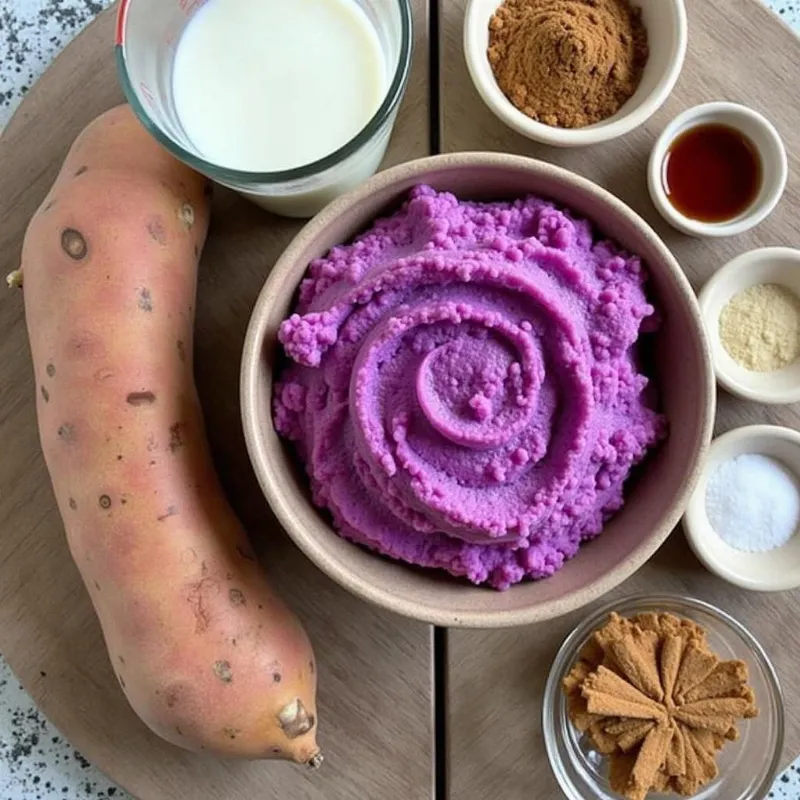 Vibrant purple sweet potato filling ingredients on a wooden backdrop