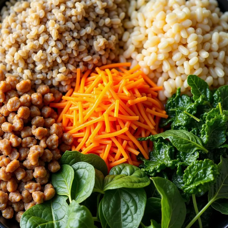 Vegan bowl bases: quinoa, brown rice, and leafy greens