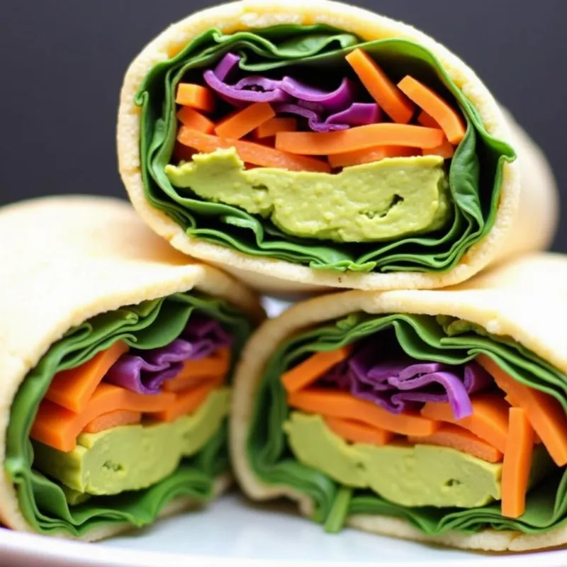 Freshly made rainbow veggie wraps sliced in half