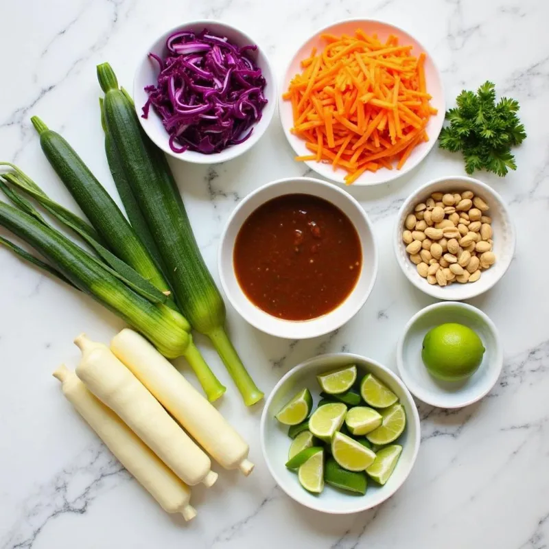 A colorful spread of all the ingredients needed to make raw vegan pad thai.