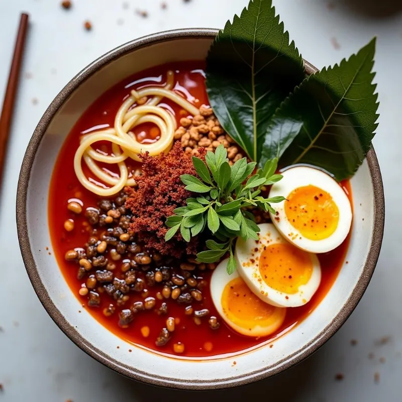  A final bowl of red white vegan ramen, complete with toppings