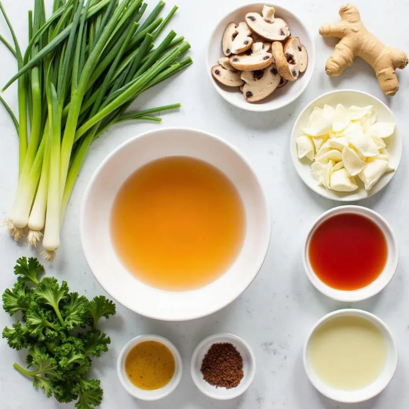 Red white vegan ramen ingredients laid out on a table