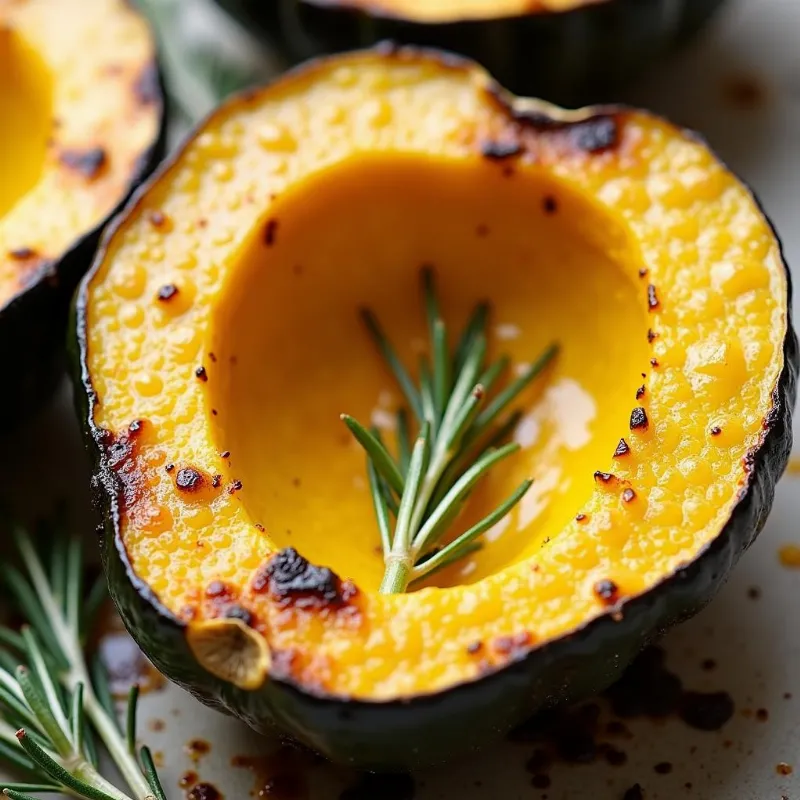 Close-up of roasted acorn squash seasoned with herbs