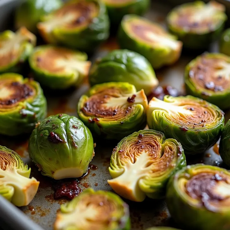 Vegan Roasted Brussels Sprouts on a Baking Sheet