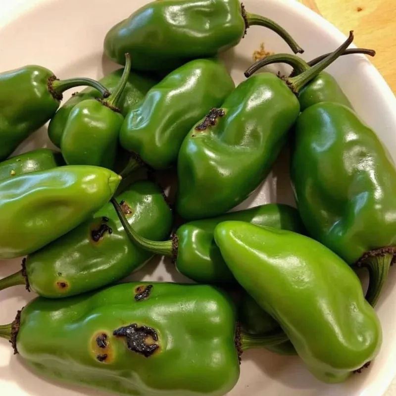 Four roasted poblano peppers on a baking sheet