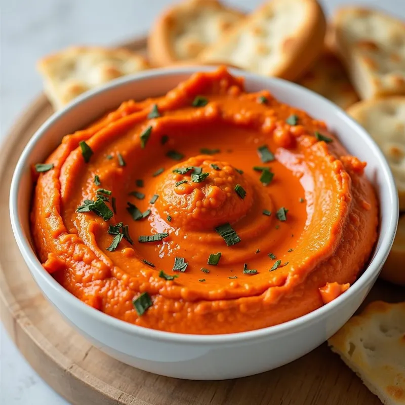 Roasted Red Pepper Dip in a bowl with pita bread