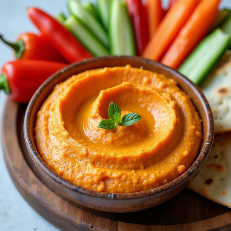 Roasted red pepper hummus in a bowl served with assorted vegetables and pita bread.