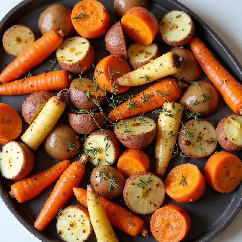  A platter of colorful roasted root vegetables seasoned with herbs de Provence.