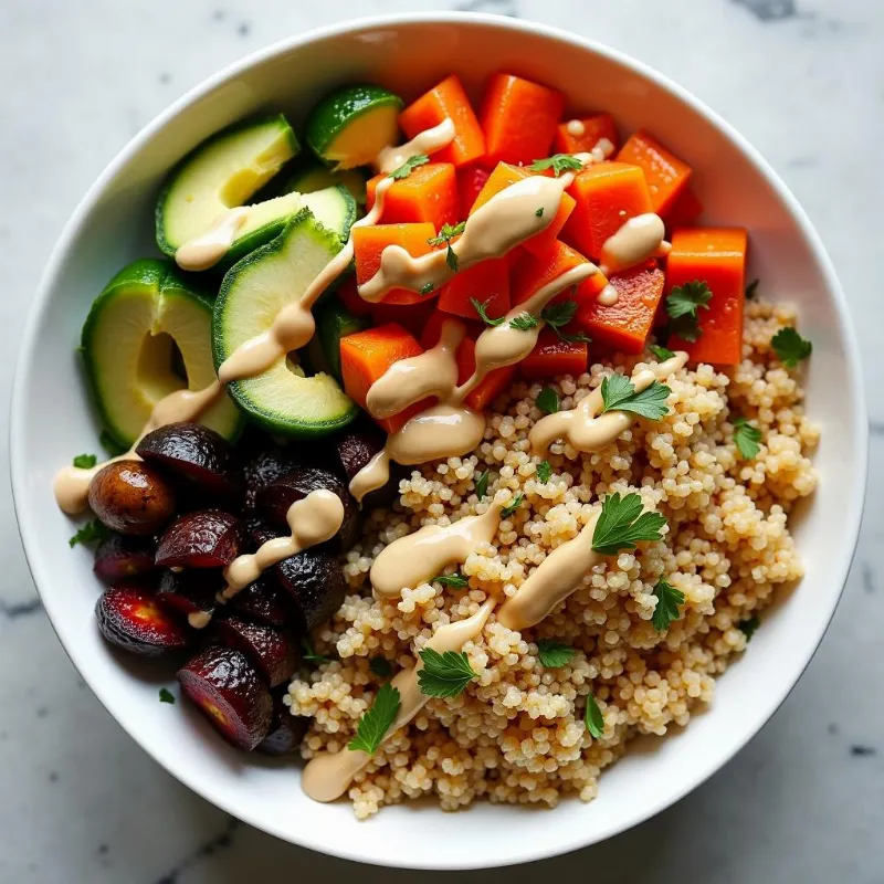 Roasted vegetable quinoa bowl with a drizzle of tahini dressing