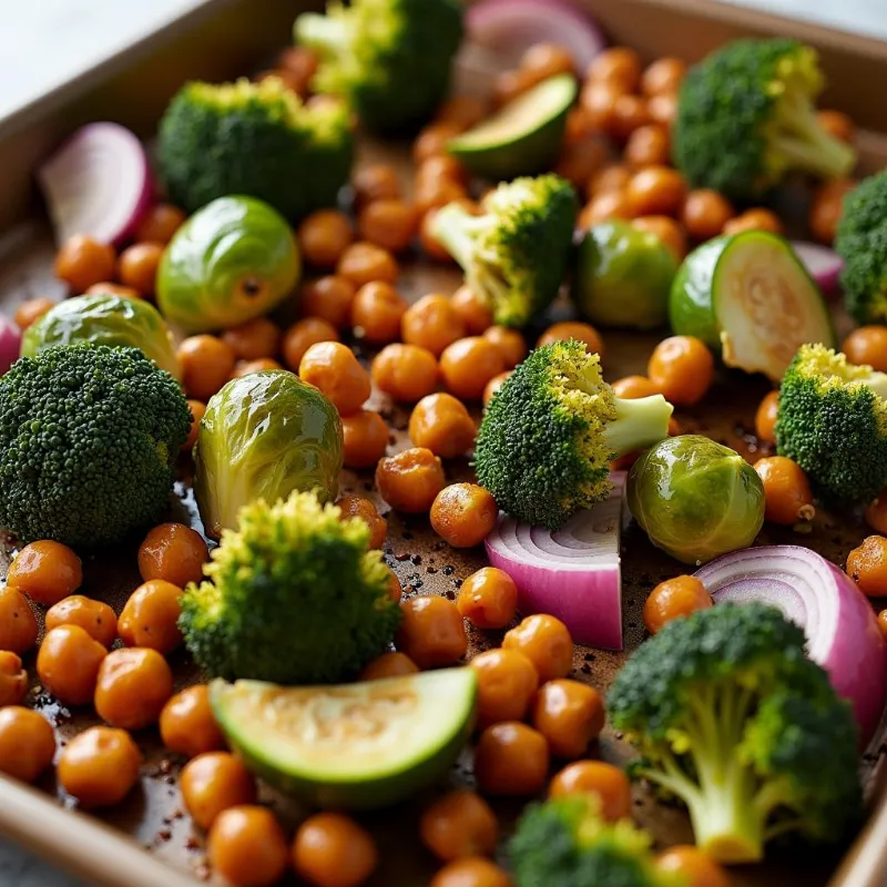 Sheet pan with roasted vegetables and chickpeas