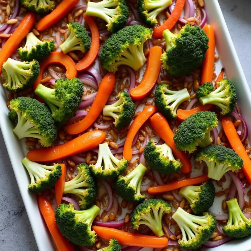  Roasted vegetables on a baking sheet, ready for meal prepping