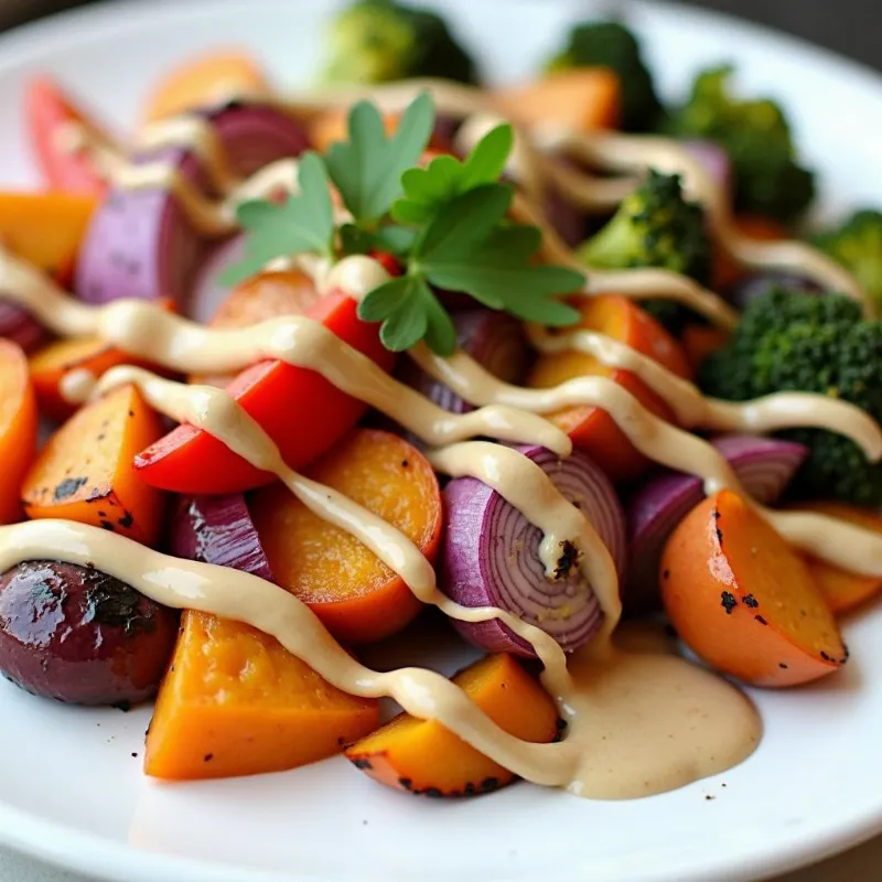 Roasted vegetables drizzled with creamy tahini dressing on a plate.