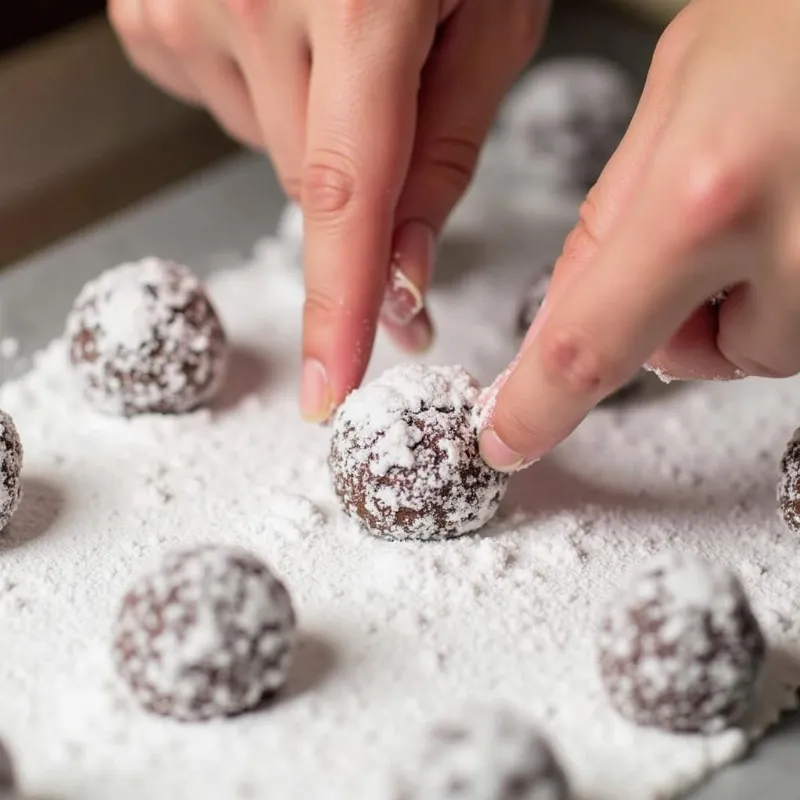 hands rolling vegan chocolate crinkle cookie dough balls in powdered sugar