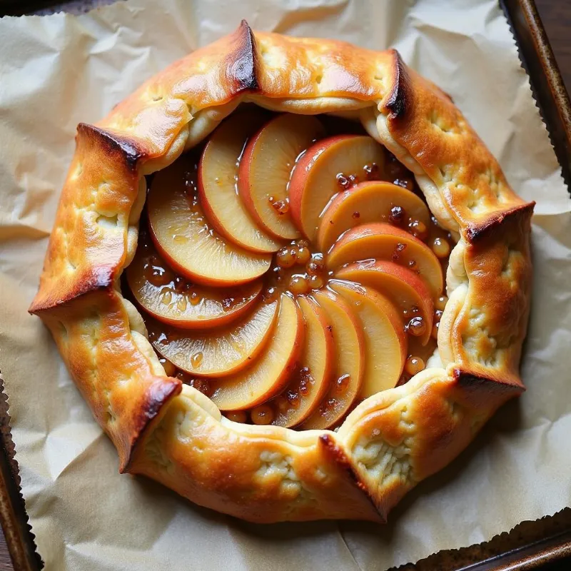 Rustic vegan apple tart with puff pastry on a baking sheet