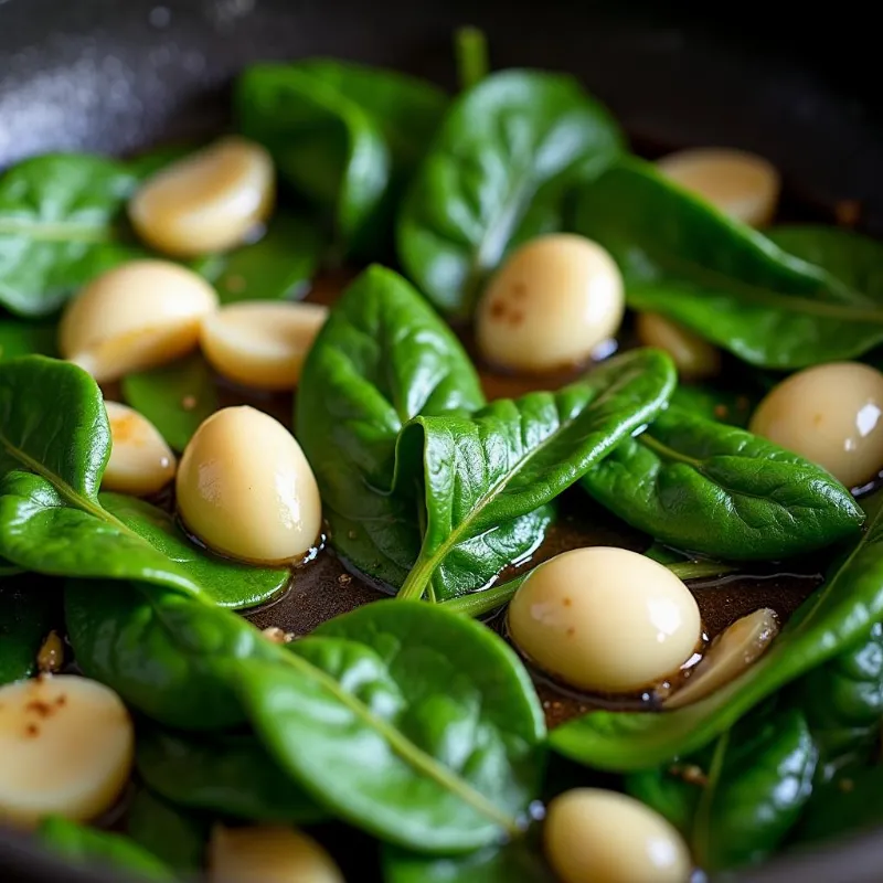 Sauteed garlic and spinach in a pan