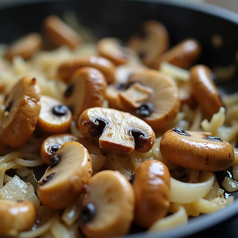 Sliced mushrooms and onions being sautéed in a pan