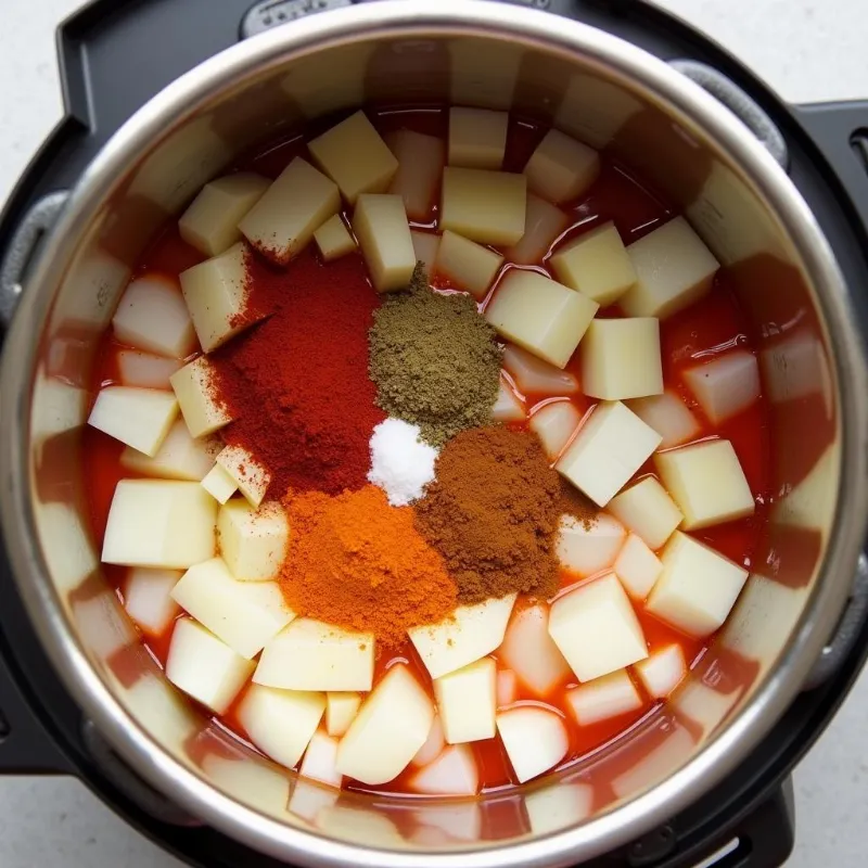 A pot of sauteed vegetables and spices