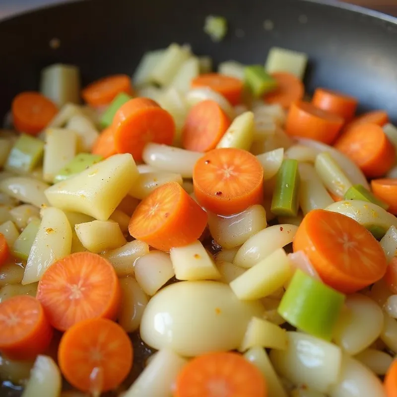 Sauteing diced onions, carrots, and celery in a pot