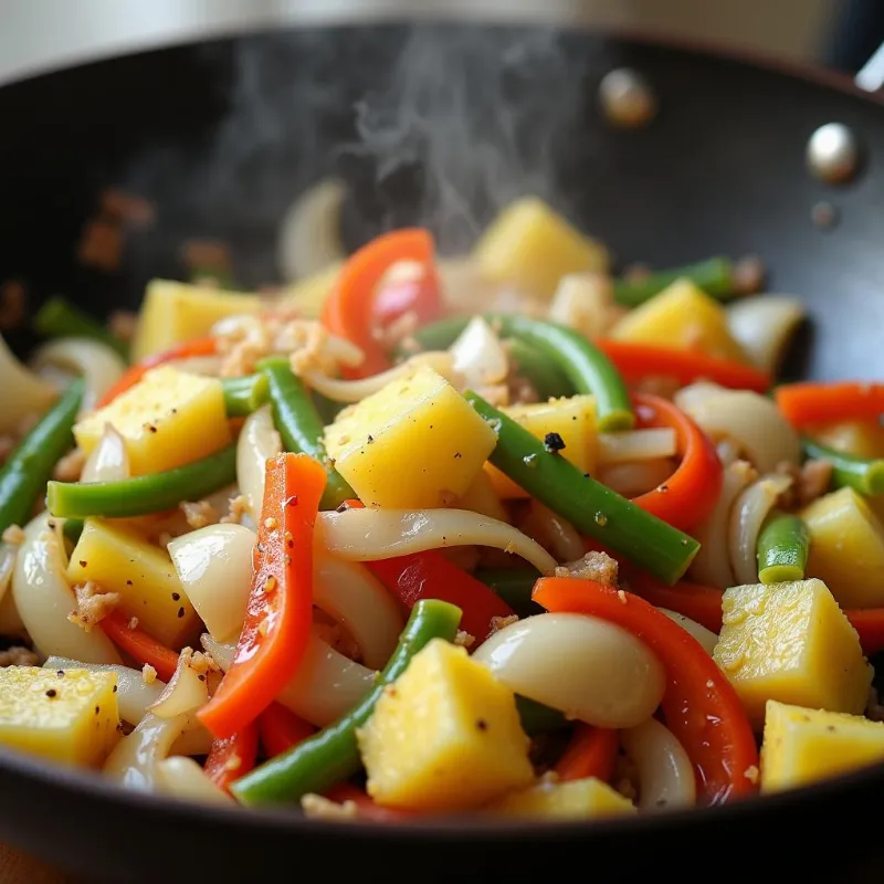 Close-up of sauteing vegetables and pineapple in a wok for vegan fried rice.