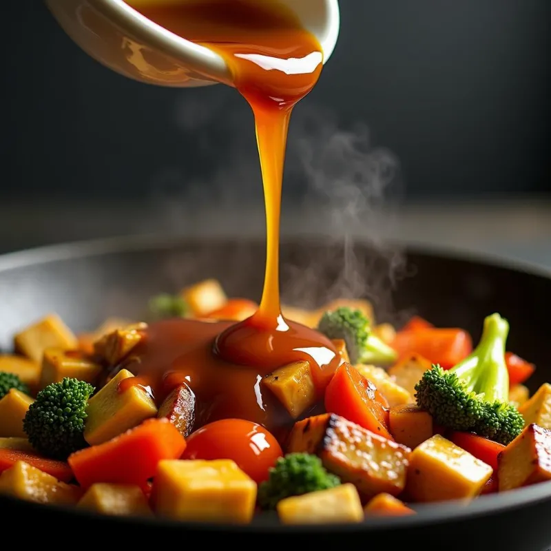 Pouring homemade teriyaki sauce over stir fry