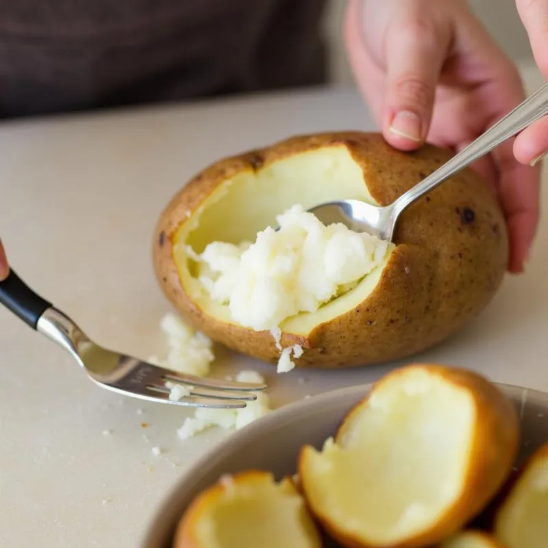 Scooping out the flesh of a baked potato