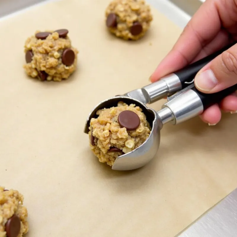 Scooping cookie dough onto a baking sheet