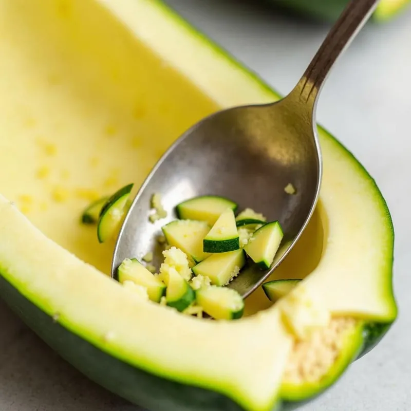 A person scooping out the seeds and pulp from a zucchini half.