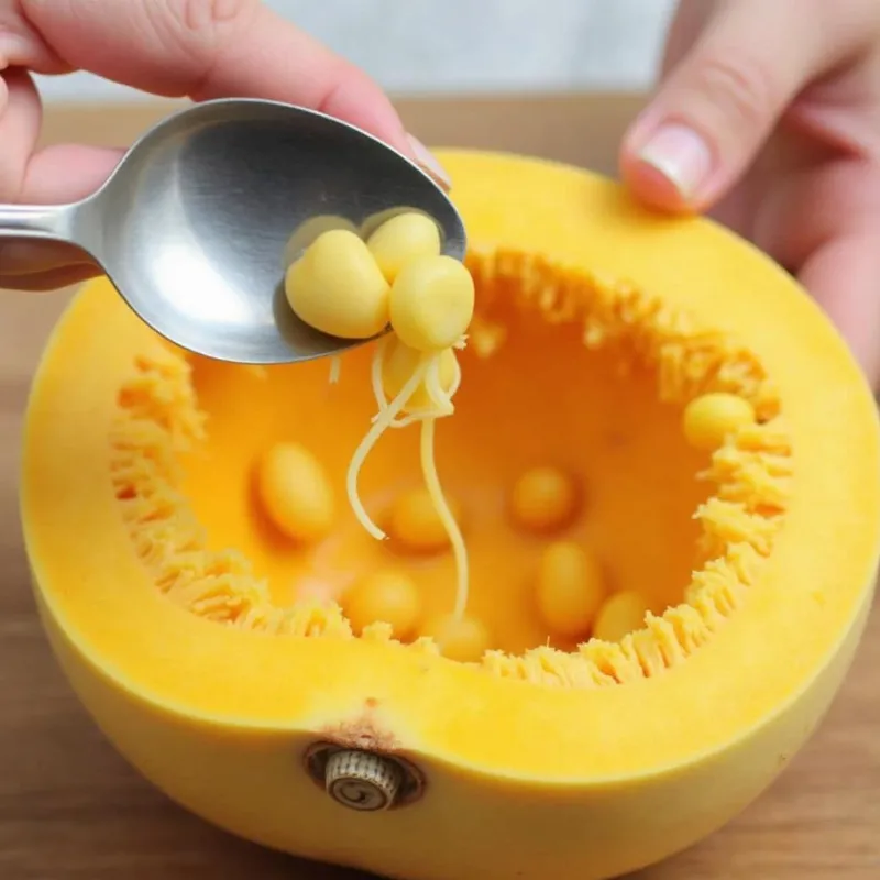 Scooping out the seeds from an acorn squash