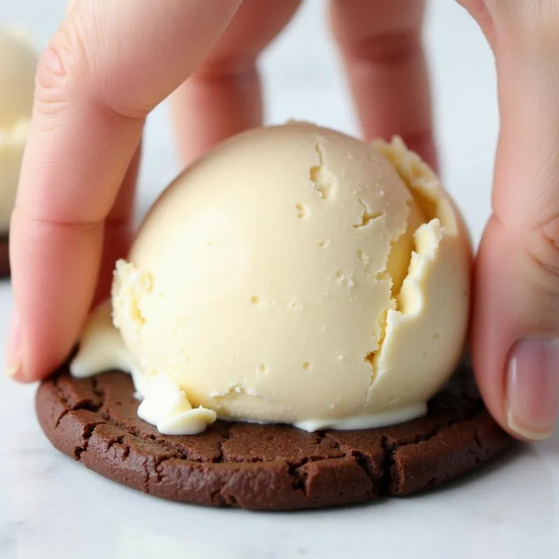 Scooping vegan cashew ice cream onto chocolate cookies for sandwiches