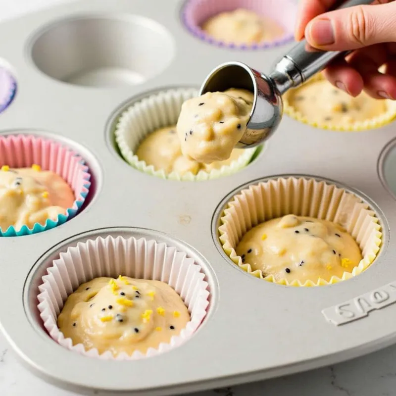 Scooping the prepared vegan lemon poppy seed muffin batter into muffin liners.