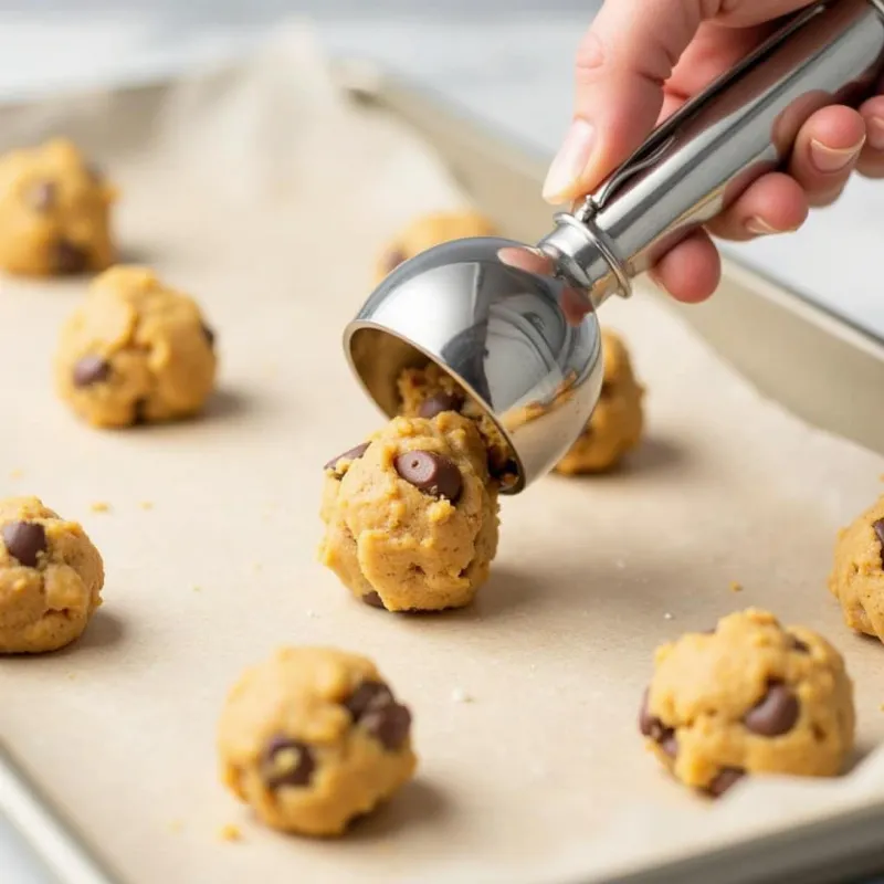 A hand using a cookie scoop to portion out vegan peanut chocolate chip cookie dough onto a baking sheet.