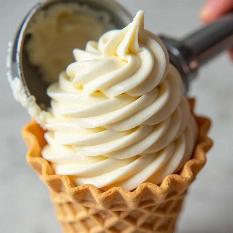 Scooping freshly made vegan vanilla ice cream into a cone.