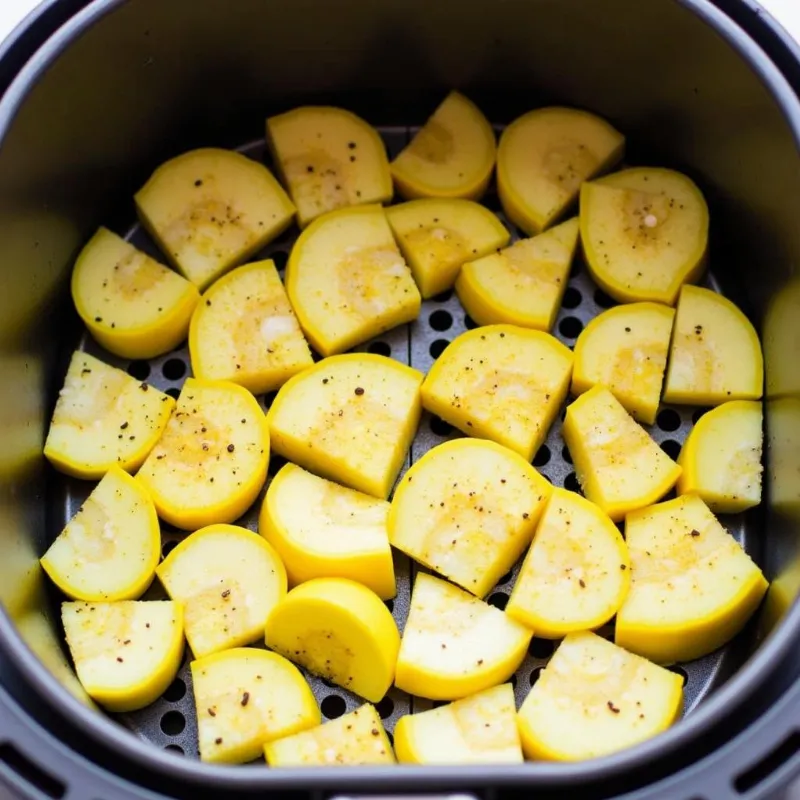 Seasoned yellow squash slices in an air fryer basket, ready to be cooked