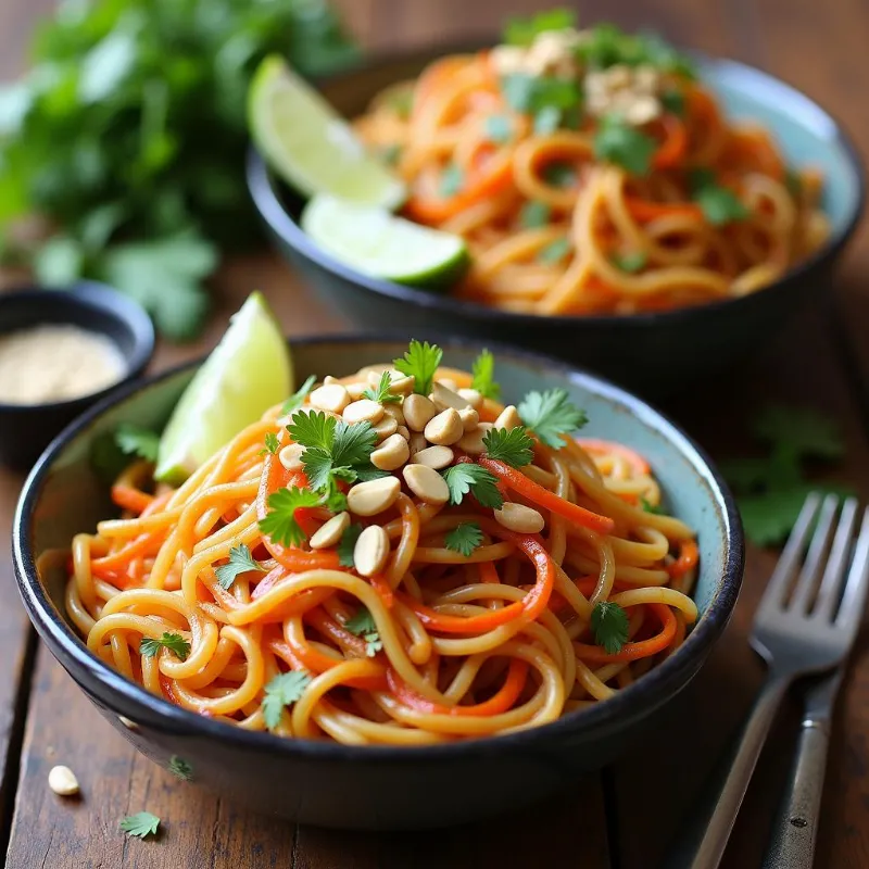 Two bowls of colorful and appetizing raw vegan pad thai ready to enjoy.