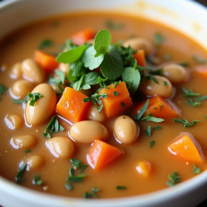 A bowl of creamy vegan navy bean soup garnished with fresh herbs