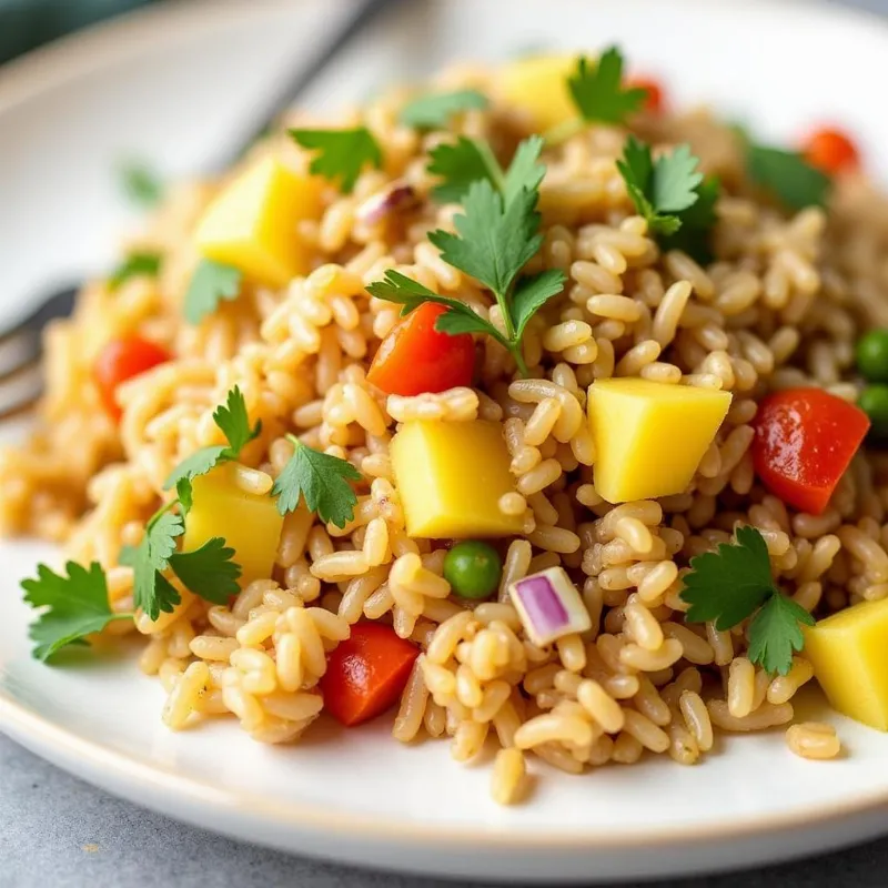 A plate of vibrant vegan pineapple fried rice, beautifully garnished.