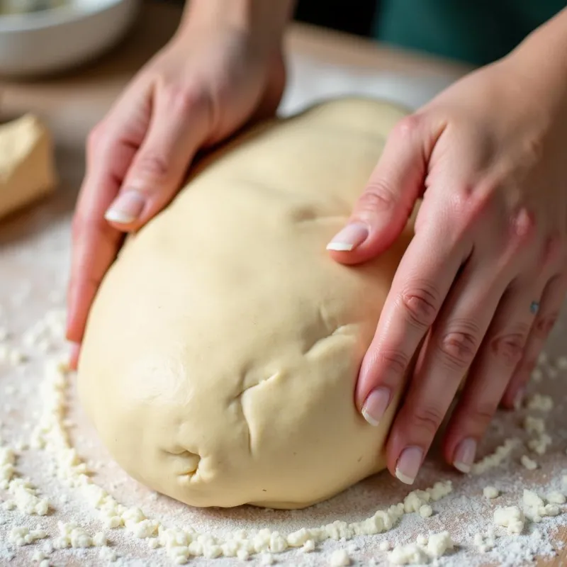 Hands shaping vegan turkey dough on a countertop