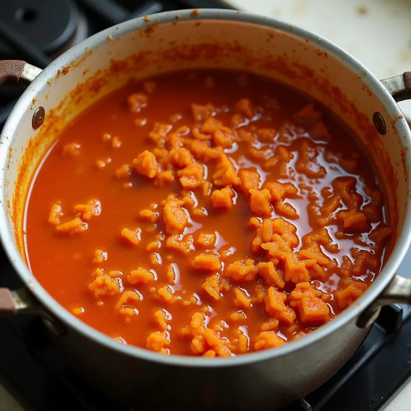 Simmering vegan jollof rice sauce