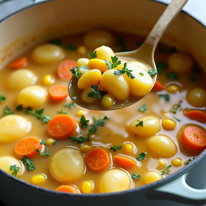 Simmering vegan potato corn chowder