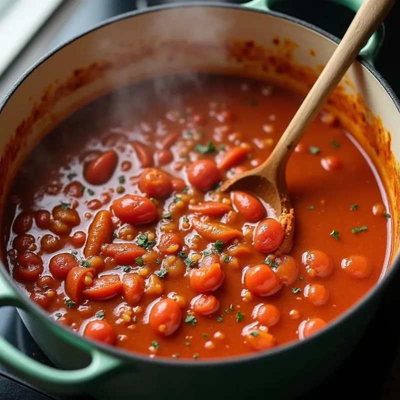 Vegan spaghetti sauce simmering to perfection in a pot